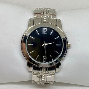 Allude men’s quartz analog watch silver tone 40mm round rhinestones 7” running